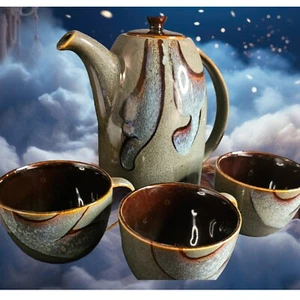 Pier 1 Teapot And Four Cups Five Piece Stoneware Tranquil Pattern Beautiful Set - Picture 1 of 16