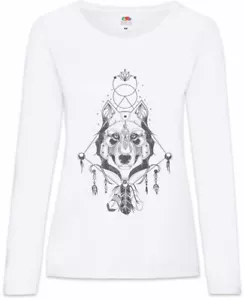 Indian Wolf & Feathers Damen Langarm T-Shirt Native American Axe Tomahawk - Picture 1 of 1