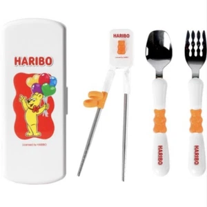 HARIBO Spoon Fork Chopsticks Case Set Orange For Kids Cutlery Gold Baren - Picture 1 of 6