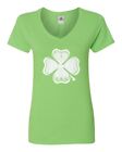 Distressed Green Four Leaf Clover Raw-Edge Womens Vneck T-Shirt