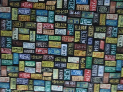 RETRO LICENCE PLATES HISTORICAL ROUTE 66 VIBRANT COLORS BLACK COTTON FABRIC FQ  - Image 1 of 4