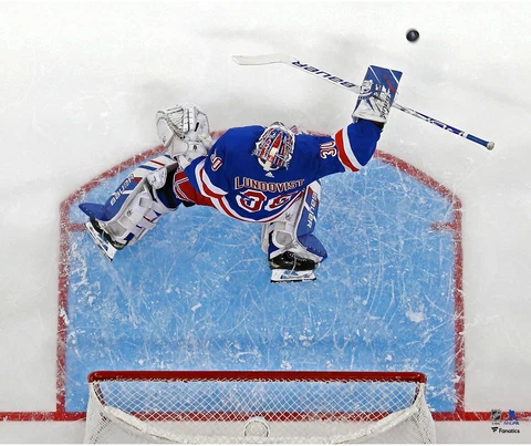 Henrik Lundqvist New York Rangers Unsigned Blue Jersey Overhead 20x24 Photo Cover