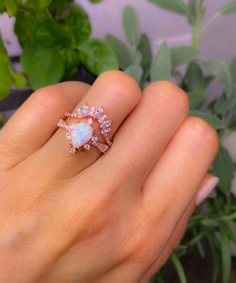 Opal ring set,Pear shaped opal ring,White Opal ring,Rose Gold rings,opal jewel Foto 1 de 4