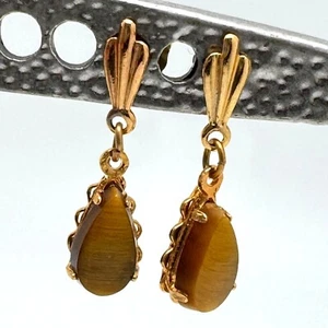 Pendientes colgantes de ojo de tigre rellenos de oro de 14K con poste de oro de 12K de colección regalo - Imagen 1 de 6