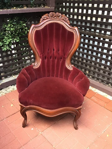Vintage Victorian Style Rose Carved Fireside Lounge Chair Ladies Red Cover
