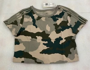 Adidas Women's 3 Stripe Green Camo Cropped Baby Tee Shirt Size M L XL - Picture 1 of 2