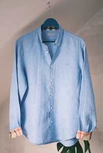 Burberry Brit Luxury Men's Blue Linen Nova Check Shirt Size L Made in Thailand - Picture 1 of 12