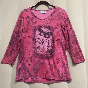 Cactus Bay Women Butterfly Top Medium Rhinestone Embellished Y2K Cotton Pink 3/4 - Picture 1 of 9