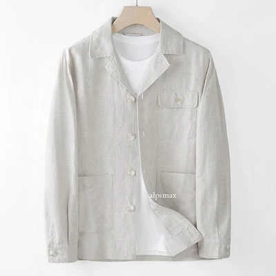 Men's Single Breasted Button Cuban Collar Linen Short Jacket Loose Thin Outwears - Image 1 of 4