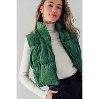 Love Tree Green Corduroy Puffer Vest Women's Size Large Cropped Zip Up - Image 1 of 4