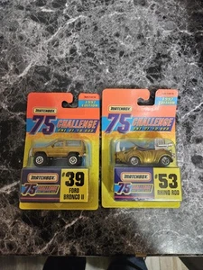 1996 Matchbox 75 Challenge 1997 Edition Gold Ford Bronco II & Rhino Rod - Picture 1 of 9