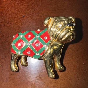 Gold Tone Bull Dog Pin Brooch Enamel Red Green Sweater With Sparkly Rhinestones - Picture 1 of 5