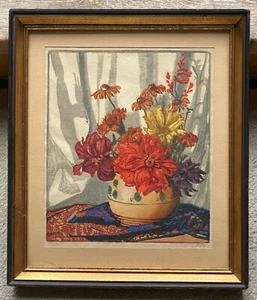 Hugo Noske 1886-1960 Holzschnitt Stillleben-Blumen in Vase. Rahmen: 39,5x45,5 cm - Bild 1 von 5