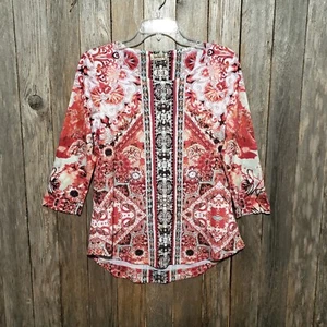 NEW One World S Women's Top Blouse Red Pink White Teal Print Embellished Knit  - Picture 1 of 9