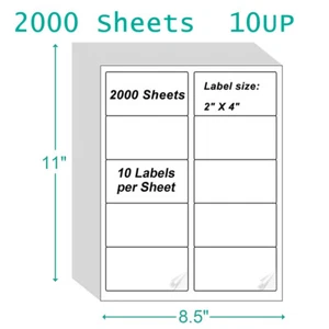 2000 hojas 4"x2" dirección etiquetas de envío autoadhesivas para inyección de tinta láser 10UP - Imagen 1 de 9