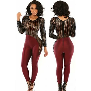 Womens Faux Leather Open Jumpsuit Dress Clubwear Faux Leather Fit Jumpsuit Dress  - Picture 1 of 3