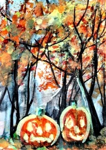 ORIGINALE ACEO ART Halloween Zucca Jack O Lanterna Autunno Autunno Albero Notte ATC - Foto 1 di 1