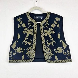 Zara Cropped Embroidered Vest Size M Black Gold Open Floral Whimsigoth Bohemian - Picture 1 of 10