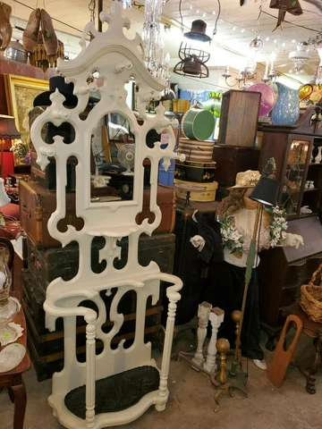 Antique Walnut 1800's Hall Tree - Coat Hat Rack - Painted Cover