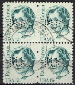 Perfins USA 1980, Sc1857 4x 17c Rachel Carson. Used PUC - Picture 1 of 3