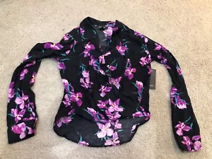 Free Press Womens Chiffon Surplice Faux Wrap Long Sleeve Top Black Purple Sz XXS - Picture 1 of 3