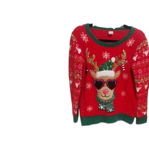 Girls Plush Red Sparkle Reindeer Holiday Christmas Sweater XL 14-16 - Picture 1 of 6