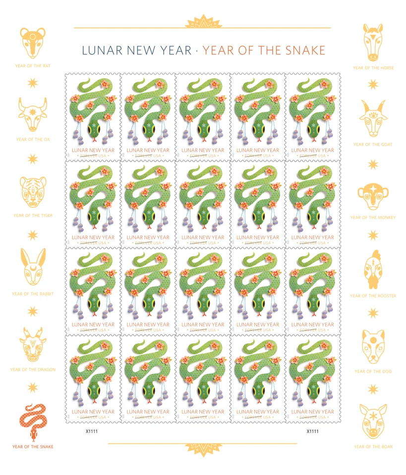 USPS Forever Stamps 2025 Year of the Snake – 20 Stamp Sheet – New Unused - Image 1 of 4