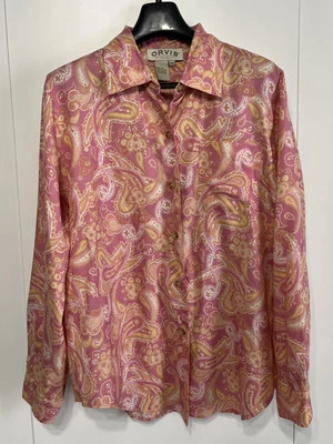 Camisa de manga larga Orvis para mujer talla 14 100 % seda rosa cachemira con botones Foto 1 de 4