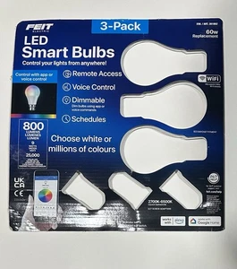 FEIT Colour Changing Smart Wi-Fi LED SMART Bulbs 3 Pack 800 Lumens And Adapters - Picture 1 of 5