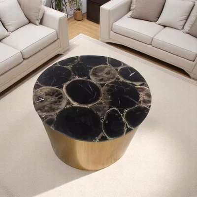 Round Black Agate Stone Coffee Table Small Bed Side Table Top Handmade Interior - Image 1 of 4