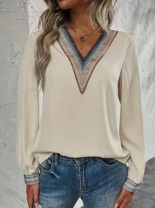 Fashion Women's Beige Trim V Neck Shirt Casual Long Sleeve Shirt Clothing New - Picture 1 of 5