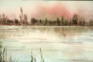 Listed Swiss Artist Edwin Hunziker Landscape Watercolor Sunset over Water - Picture 1 of 11