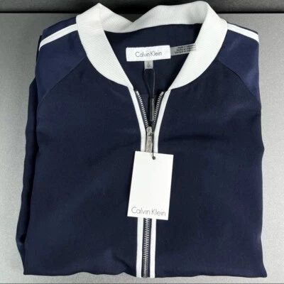 Chaqueta de bombardero para mujer Calvin Klein azul crepúsculo y blanco cuello acanalado mediana Foto 1 de 4