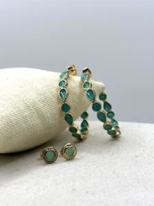 Teal Green Enamel Wrap Around Gold Plated Hoop And Stud Earrings Set of 2 Pair - Picture 1 of 17