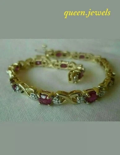 8CT Oval Cut Lab-Created Ruby Diamond Women's Tennis Bracelet 14K Yellow Gold FN - Image 1 of 4