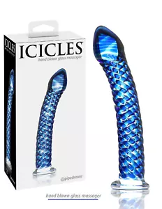 Icicles Glass Dildo #29 G-SPOT RIBBED Realistic Blue Massager CURVED Sex Toy NEW - Picture 1 of 12