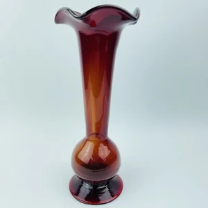 Crackle Art Glas rot geriffelt Vase mit gelber Tönung & rotem Sockel 8 3/4" - Bild 1 von 7