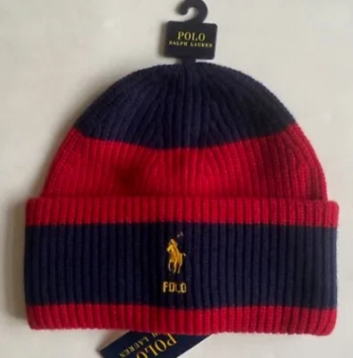 $68 NWT Mens Polo Ralph Lauren Brush Rugby Big Striped Knit Beanie Ski Hat Cap - Image 1 of 2