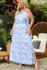 Womens Plus Size Maxi Dress 1X Blue and Lavender Halter Neckline Marble Print - Picture 1 of 3