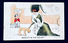 1908 Signed GENE CARR Art Nouveau Girl and Dog - BEAUTY and the BEAST