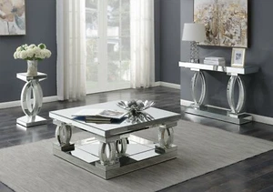 Modern Luxury Glam 3pc Mirrored Occasional Coffee Table Set Mirror Acrylic Inlay - Picture 1 of 10