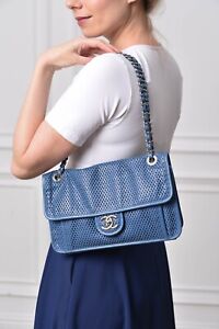 VERIFIED Authentic CHANEL Blue Perforated Calfskin Leather Jumbo Flap Bag
