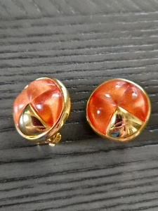 Vintage JOAN RIVERS Orange Gold Toned Clover Pattern Clip On Earrings Signed - Picture 1 of 5