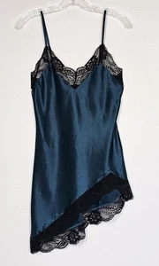Fredericks of Hollywood Teal Satin Chemise Babydoll Slip Dress Small Black Lace - Picture 1 of 7