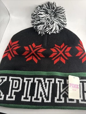 Victoria's Secret 粉红色标志 Pom-Pom 豆豆针织帽黑色 Fair Isle 全新 带标签 — 第 1/4 张图片