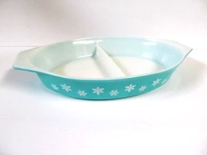 Pyrex Schneeflocke Vintage 1,5 Quart geteilt Türkis Schneeflocke Auflaufform ohne Deckel - Bild 1 von 6