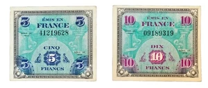 Billetes de papel moneda de Francia Segunda Guerra Mundial 1944 ~ 10 francos y 5 francos - Imagen 1 de 2