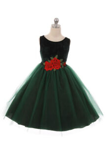 Green Flower Girls Embossed Velvet Roses Dress Size 6 Wedding Party Holidays 
