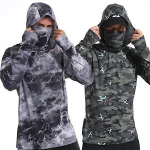 UPF50+ Mens Outdoor Fishing Hoodie Sun Block Skin Protection Long Sleeve T-Shirt - Picture 1 of 17