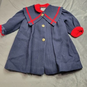 Vintage Rothschild Navy & Red Girls Coat With Gold Buttons 2T Wool Blend Made In - Picture 1 of 12